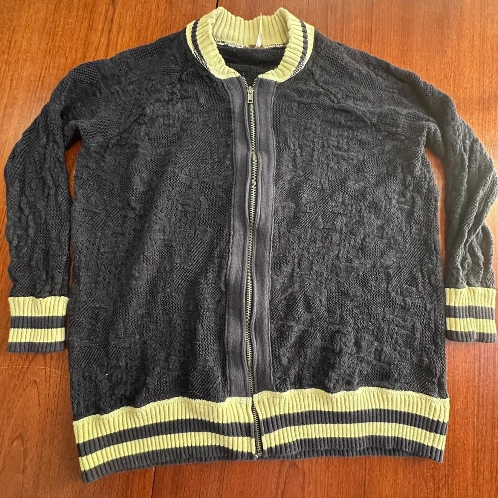 Free People Blue Cream Full‎ Zip Size S Knit Cardigan Varsity Preppy Academia